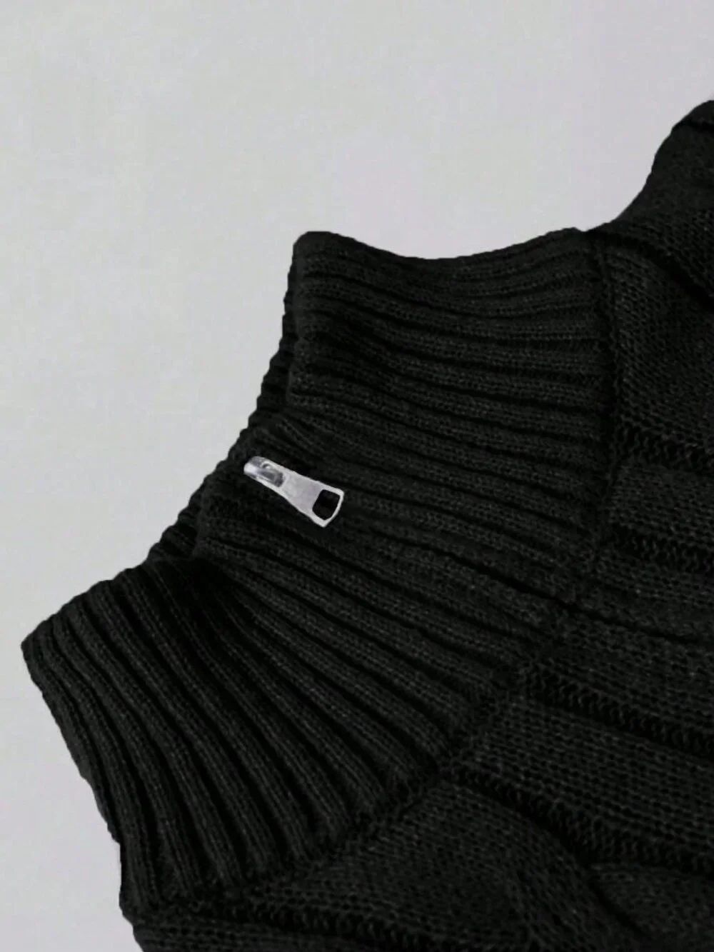 Black Casual Men's Winter Rib-Knit Drop Sleeve Half-Zip Polo Sweater